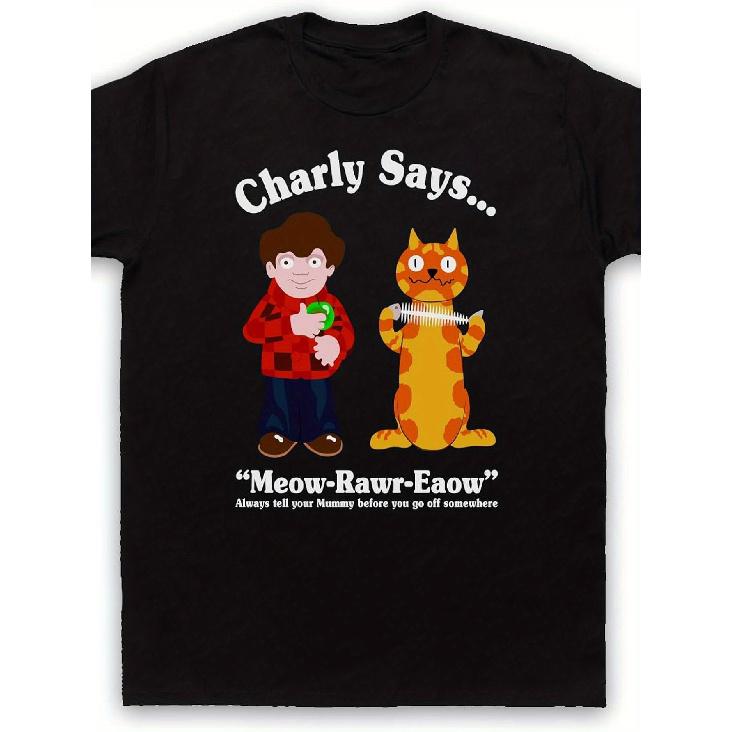 Charly Says Men s 70s Retro T-Shirt - Vintage Charly Meow-meow & Iconic Graphic, 100% Short Sleeve Casual Tee with 70s TV Show Design, Unisex Style S чёрный