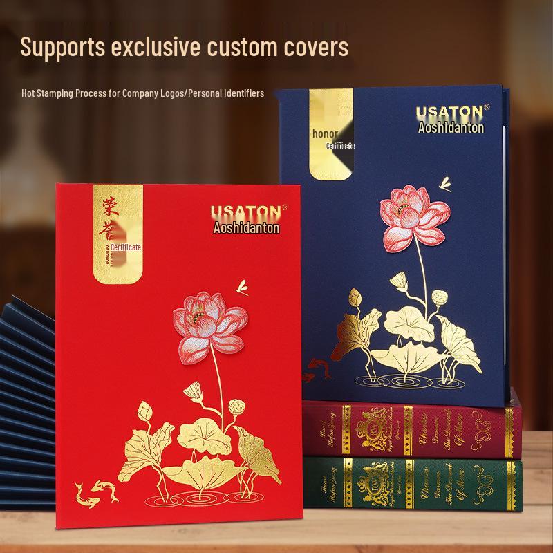 Custom Embroidery and Hot Stamping Award Certificate Cover with A4 Inner Page Printing
