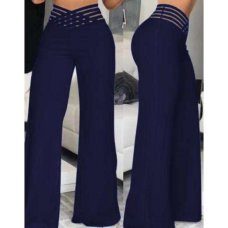 Women Elegant Work High Waist Trousers Autumn Casual Crisscross Sheer Mesh Patch Women Wide Leg Flared Pants Plus Size