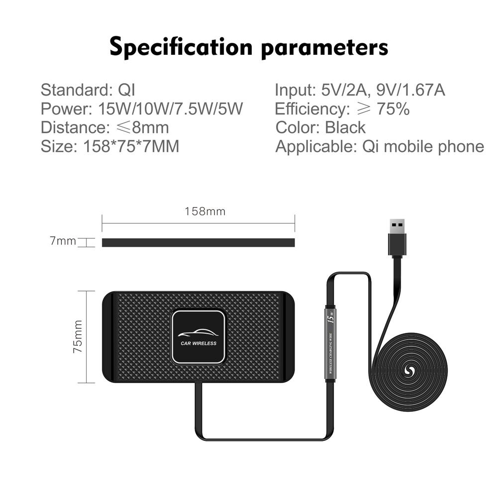 15W Car Wireless Phone Charger USB Silicone Car Wireless Charger Mat Non-Slip Fast Charging for Samsung Cellphone