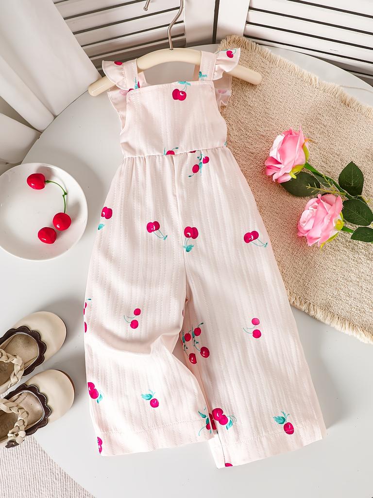 Girls Fashion Retro Casual Romper, Cute Cherry Print, Playful Short Sleeves, Daily Outdoor School Wear