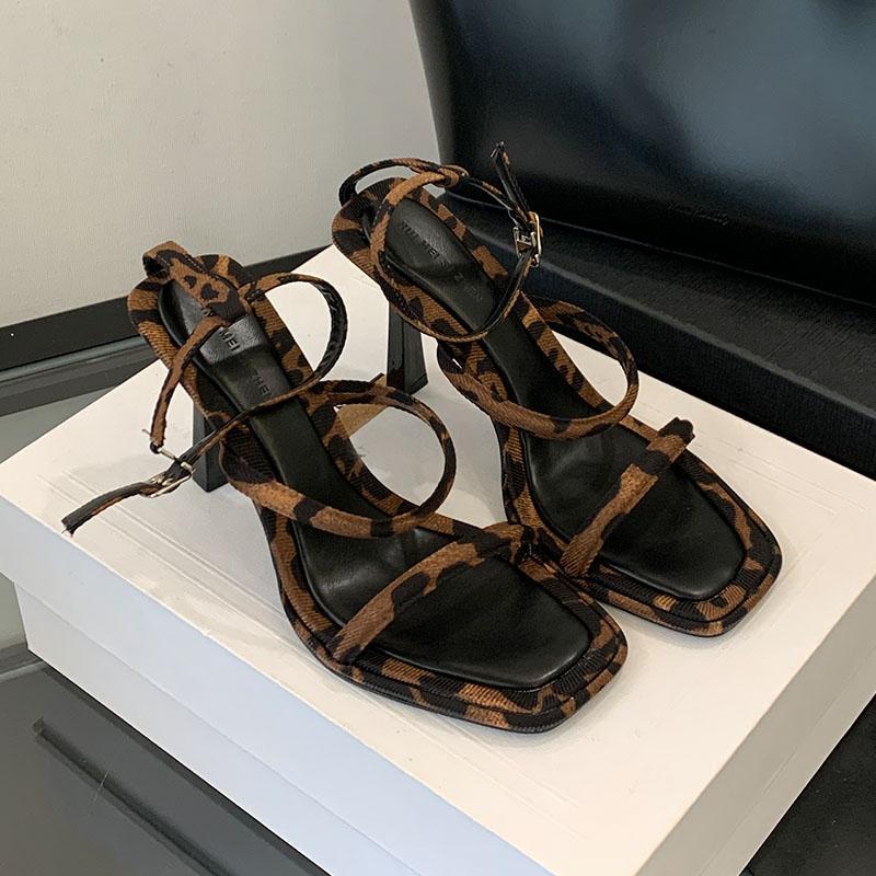 Fashion Fashion Square Toe Ladies High Heels Sandals Shoes Female Buckle Strap Footwear Metal Heels Sandals Shoes For Women Pumps