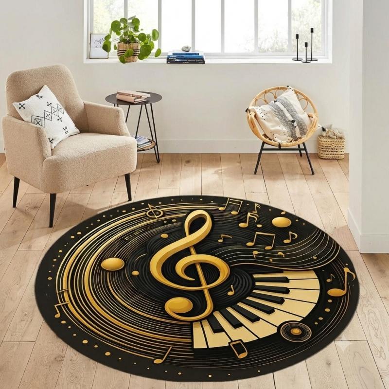 Round Black Gold Treble Clef Piano Key Musical Note Non Slip Floor Rug Music Studio Teacher Washable Indoor Living Room Bedroom Area Carpet