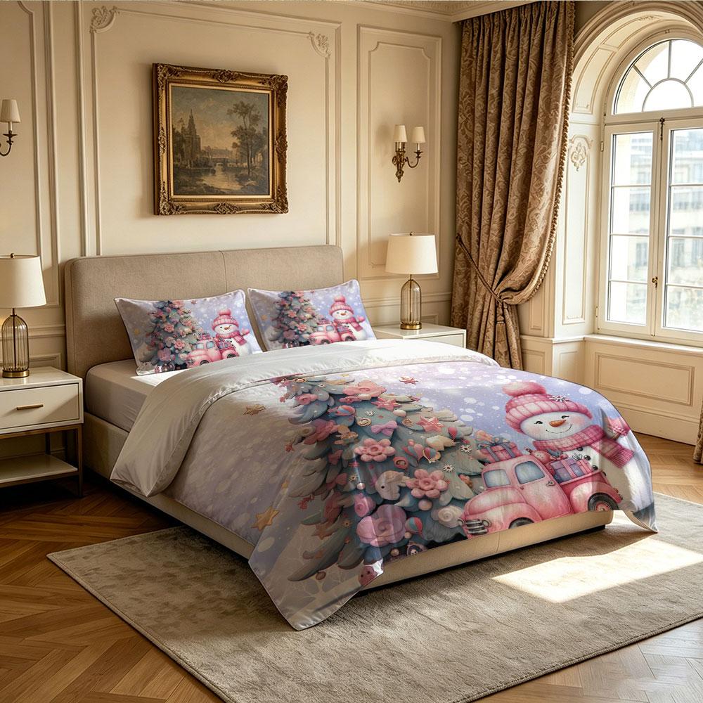 A set of 3 pieces (1 bedspread + 2 pillowcases) featuring a pink Christmas snowman tree perfect for home decoration