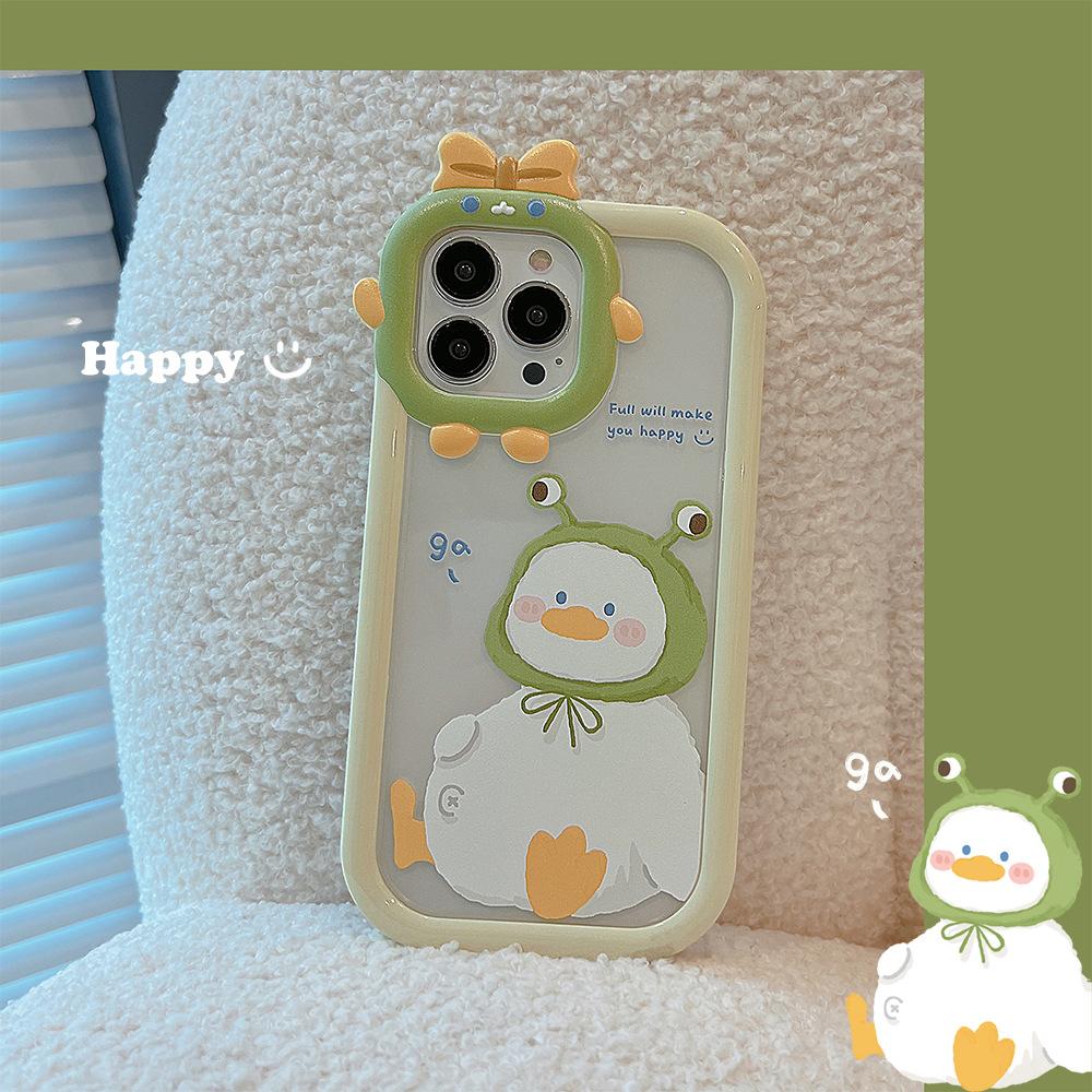 Cute Happy Duck Cartoon 3d 2 In 1 Shockproof Phone Case For Iphone 12 13 14 Pro Max Plus 11 Promax Ins Smiley Back Cover Capa
