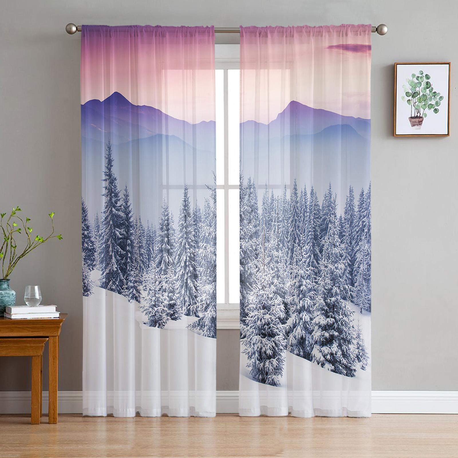 

Зимний снег Горный утренний пейзаж Дом Тюль Шторы Гостиная Спальня Кухня Декор Шифон Прозрачная вуаль Оконные шторы W135 x H185cm x2&Rod Pocket