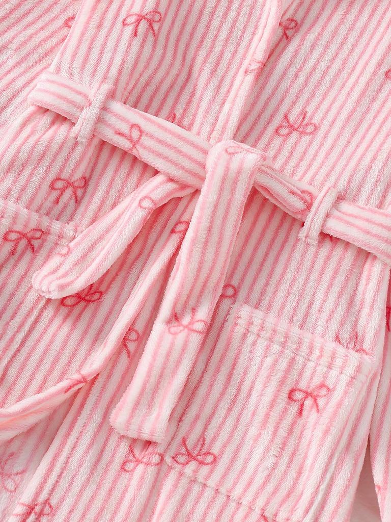 Girls White Heart Print Long Sleeve Hooded Robe Loungewear Set, Striped, Autumn/Winter, Soft Comfortable Cute, Pajamas Loungewear Indoor Set