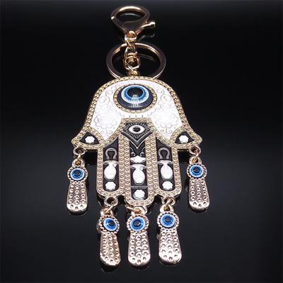 Exquisite Lucky Evil Blue Eye Hamsa Hand Keychain Alloy Big Hand of Fatima Tassel Key Ring for Women Turkish Eyes Islam Jewelry