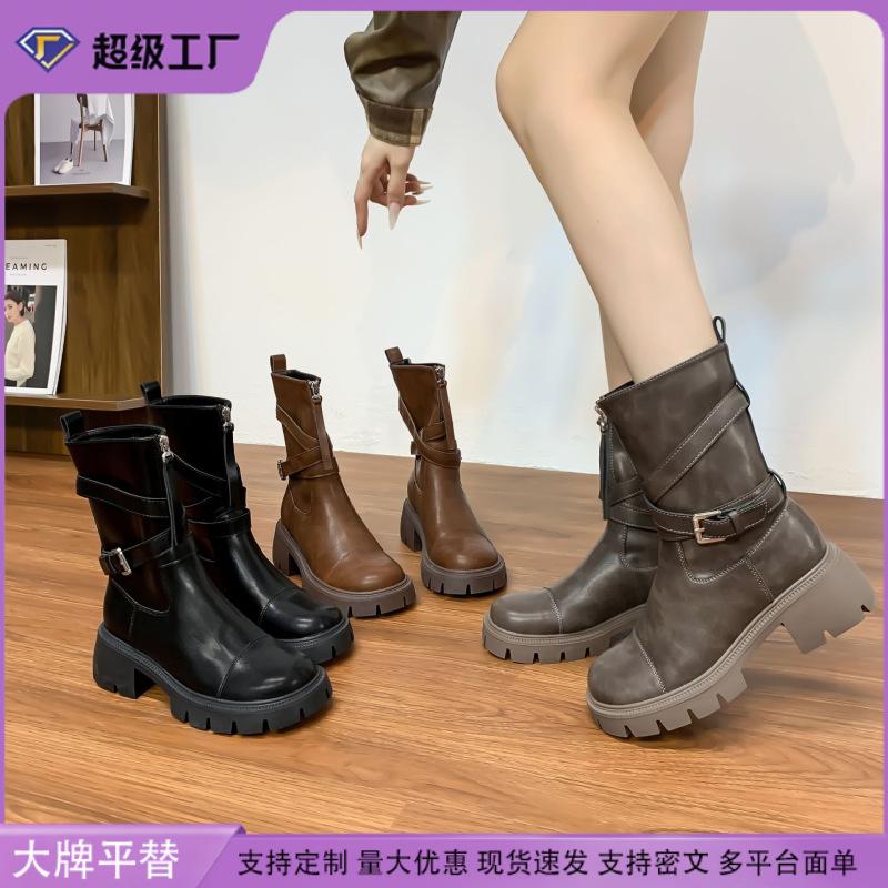 Retro British style platform Martin boots women's 2025 winter new belt buckle knight boots medium tube versatile thin boots