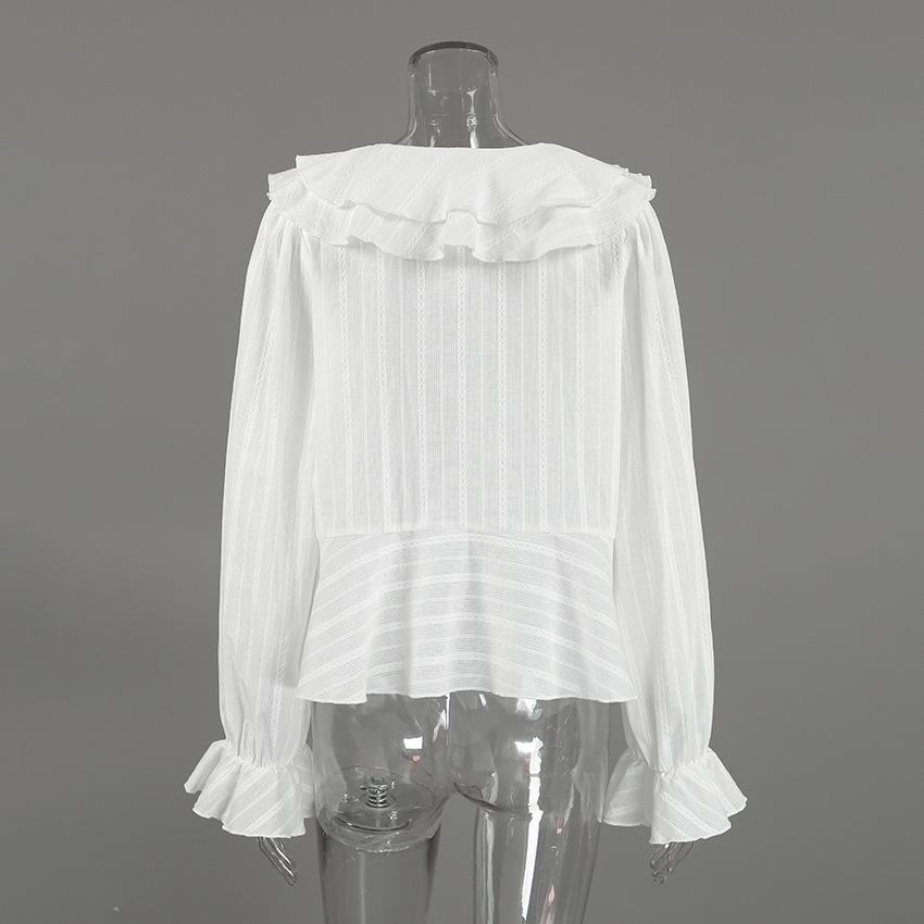 European and American Design Sense White Jacquard V-neck Shirt 1116 Autumn Cotton Long-sleeved Retro Loose Casual Women's Top
