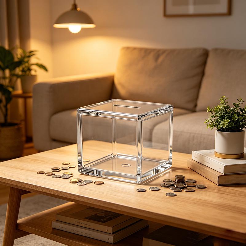 Square Clear Acrylic Piggy Bank with In-Only Slot, High Transparency