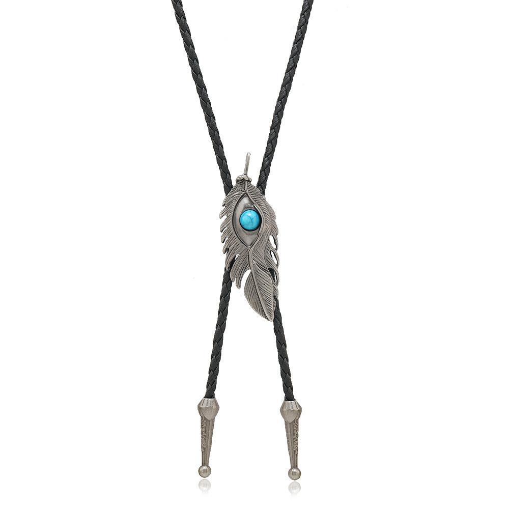 Boho Five-pointed Star Bolo Tie PU Woven Bronze Butterfly Choker Turquoise Feather Necklace  Men