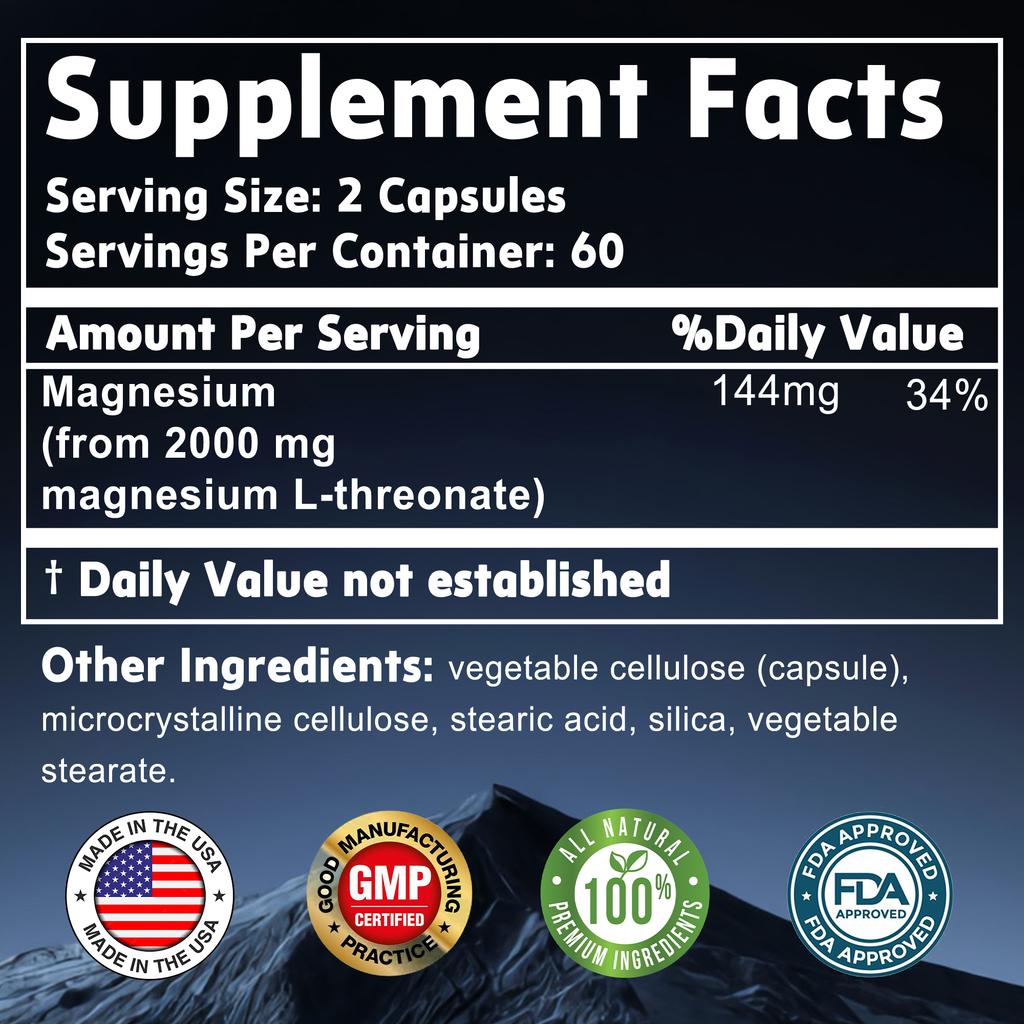 120pcs Magnesium L-Threonate 2000mg - Nootropic Brain Booster, Memory & Focus
