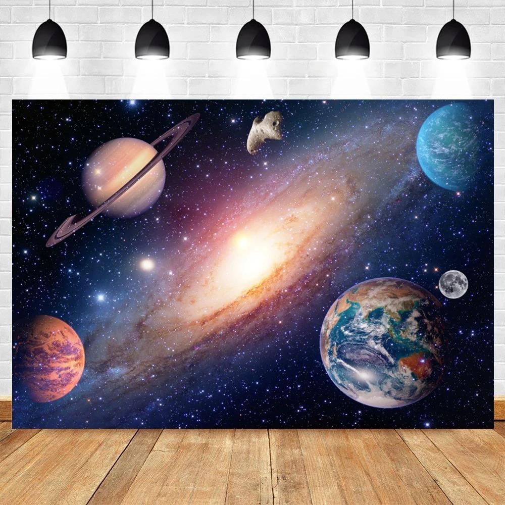 Happy Birthday Party Decor Outer Space Photography Background Custom Astronaut Rocket Galaxy Planet Photo Kids Gift Baby Shower