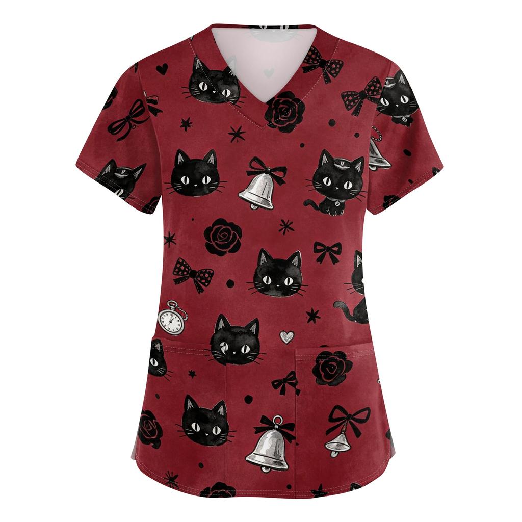 Damen V-Ausschnitt Kurzarm Arbeitshemd mit Taschen Tierprint Oberteil Medizinische Scrub Uniform für Gesundheitsberufe Bequeme Passform