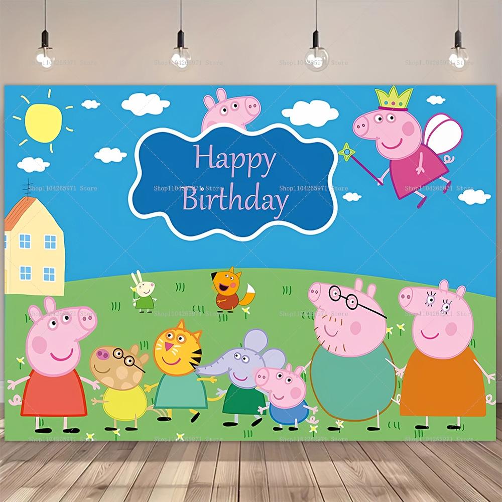 Colorful Peppa Pig Cartoon Happy Birthday Backdrop Pink Pig Family Kids Photo Background Banner Baby Shower Party Decor Props