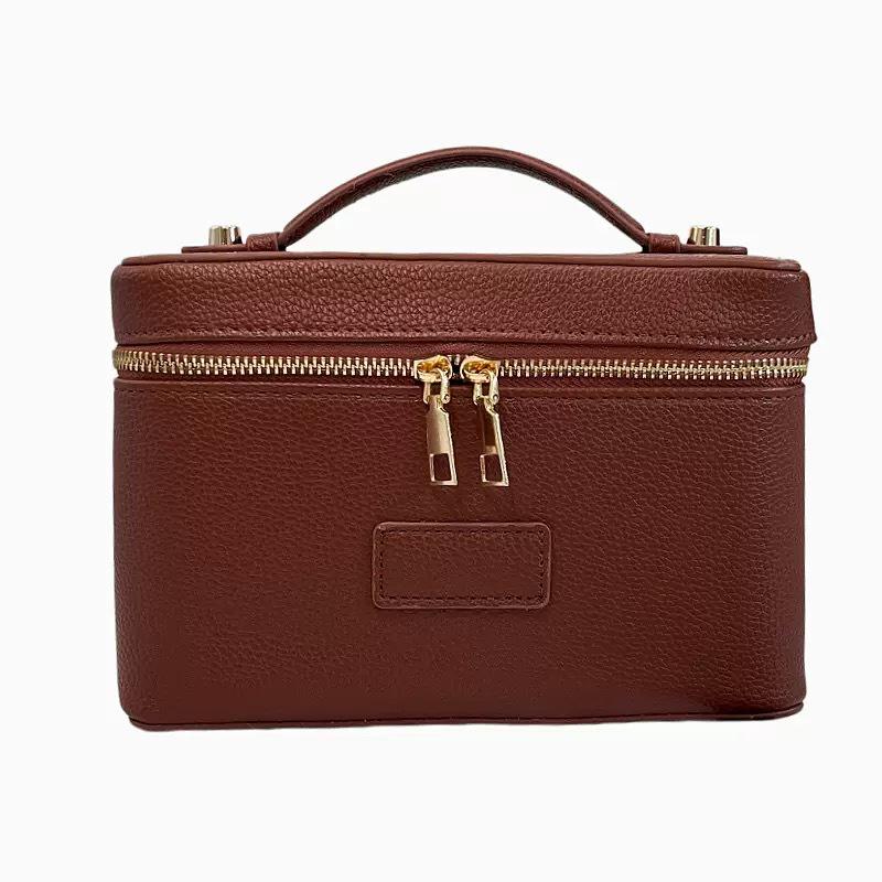 Portable Cross-Grain Leather Cosmetic Bag with Gold Hardware - Makeup and Skincare Travel Organizer