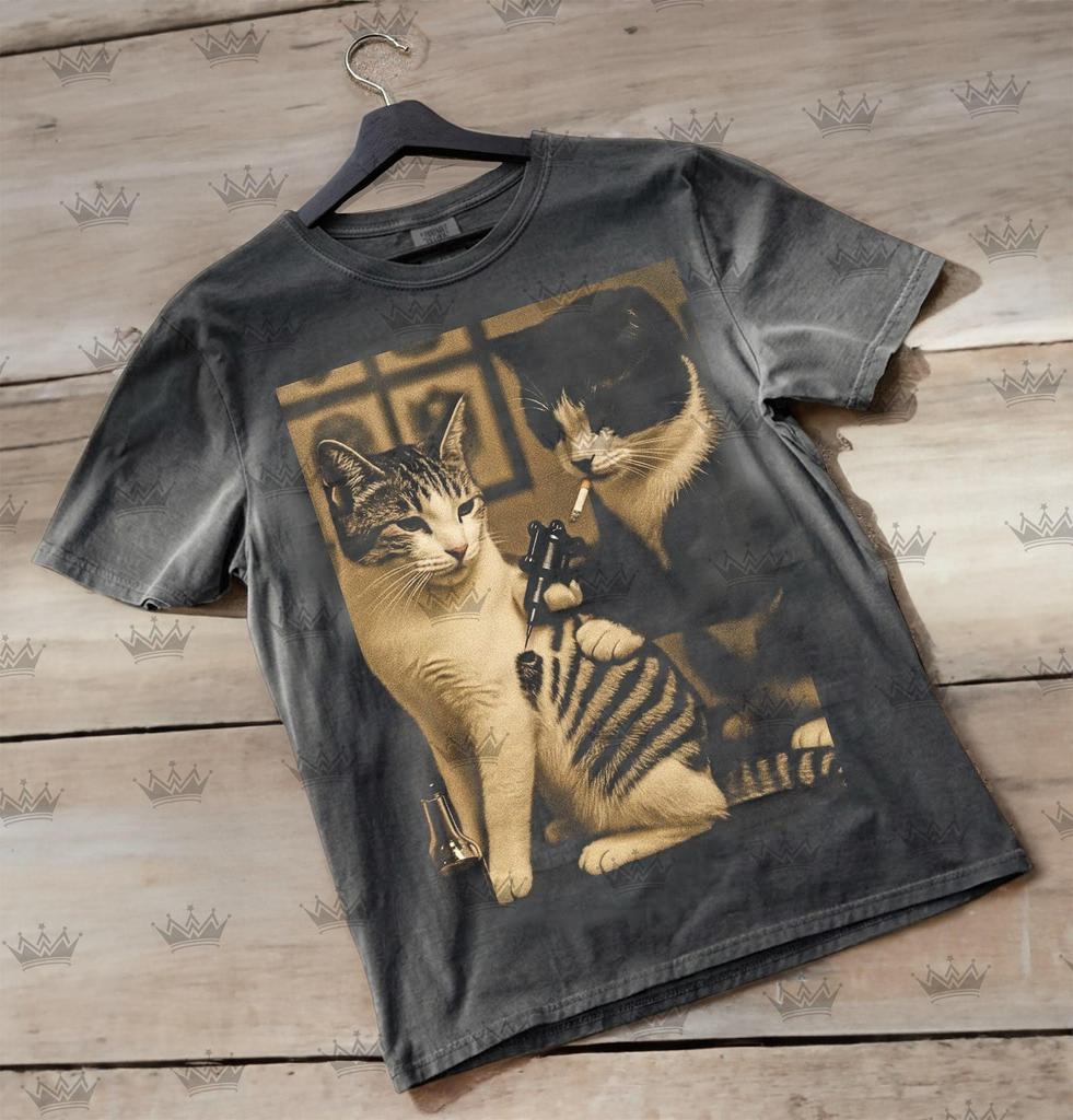Funny Cat Getting Tattoo Shirt, Comfort Colors Retro Cat Tattoo Meme, Funny Parody SweaT-Shirt, Funny Gift Meme Tee, Dark Humor Viral Tee RZ