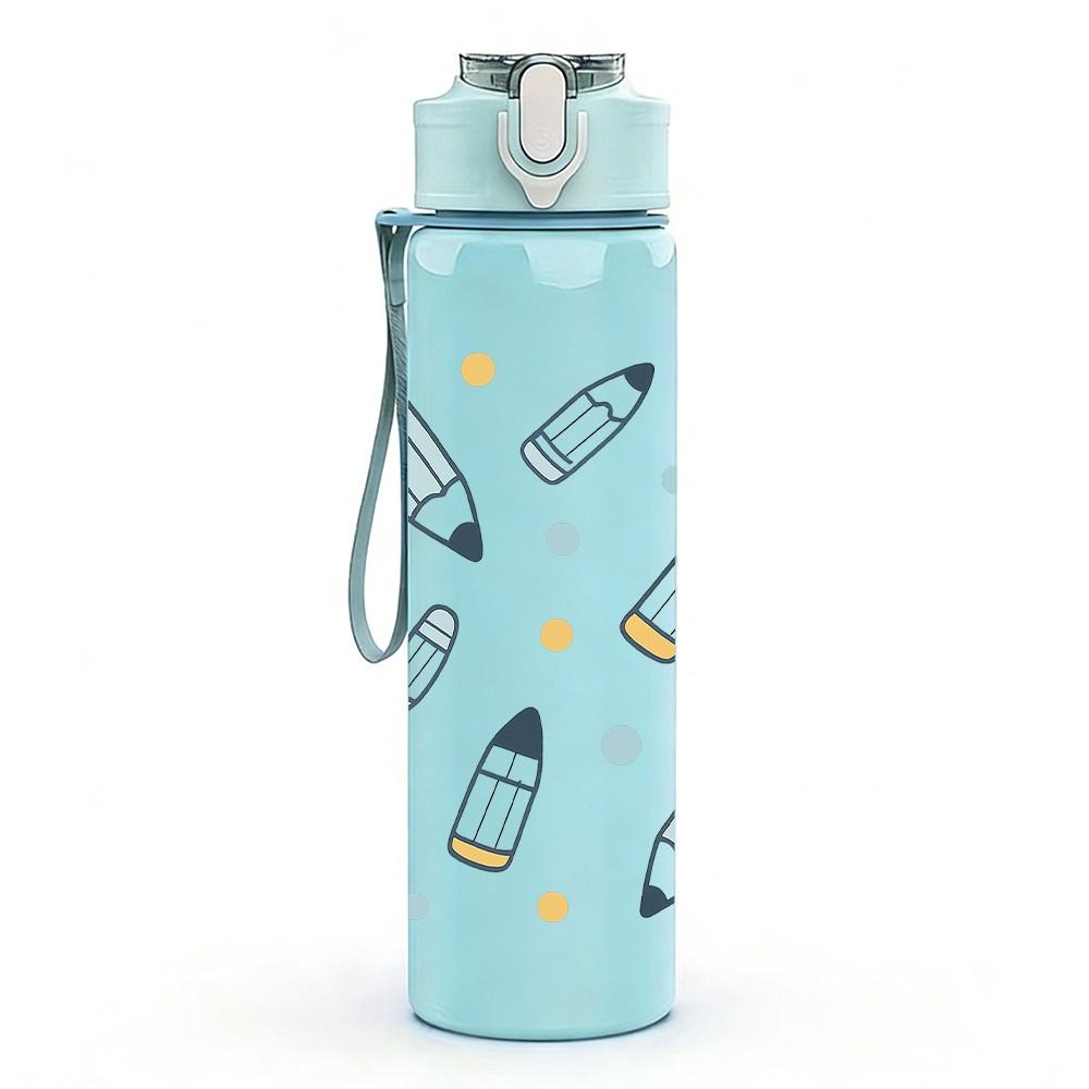 1PC Pen Pencil Stationery Doodle Pattern 750ml Color Plastic Sports Water Bottle Leakproof Flip Straw Lid Suitable for Sports Office Home Use