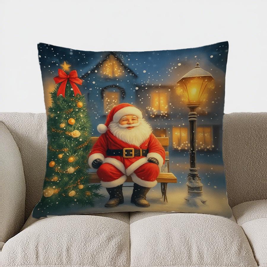 Home Decor Santa On Bench With Tree Winter Scene Pillow Pattern Cushion Cover Suitable For Sofa Bedroom Car Pillow Cover