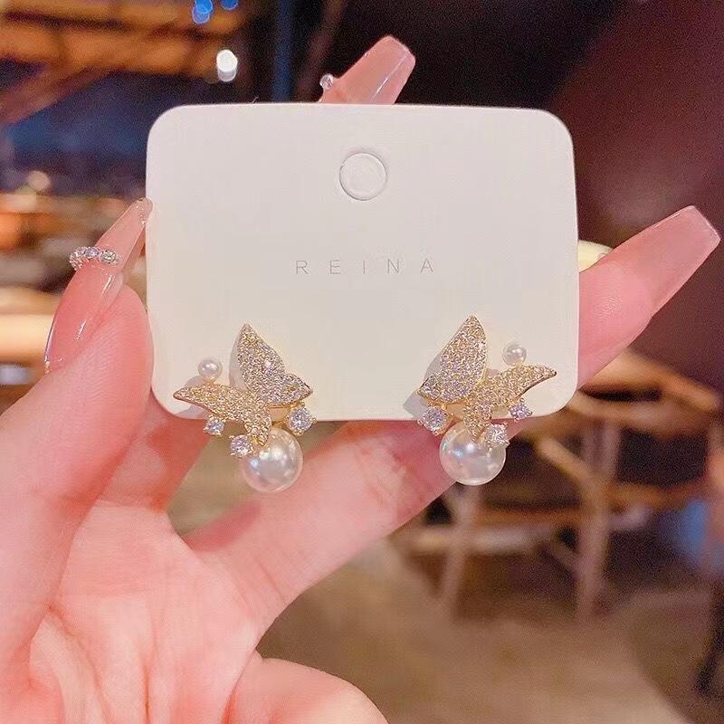 S925 Silber Diamant Geometrisch Koreanische Blume Perlenohrringe