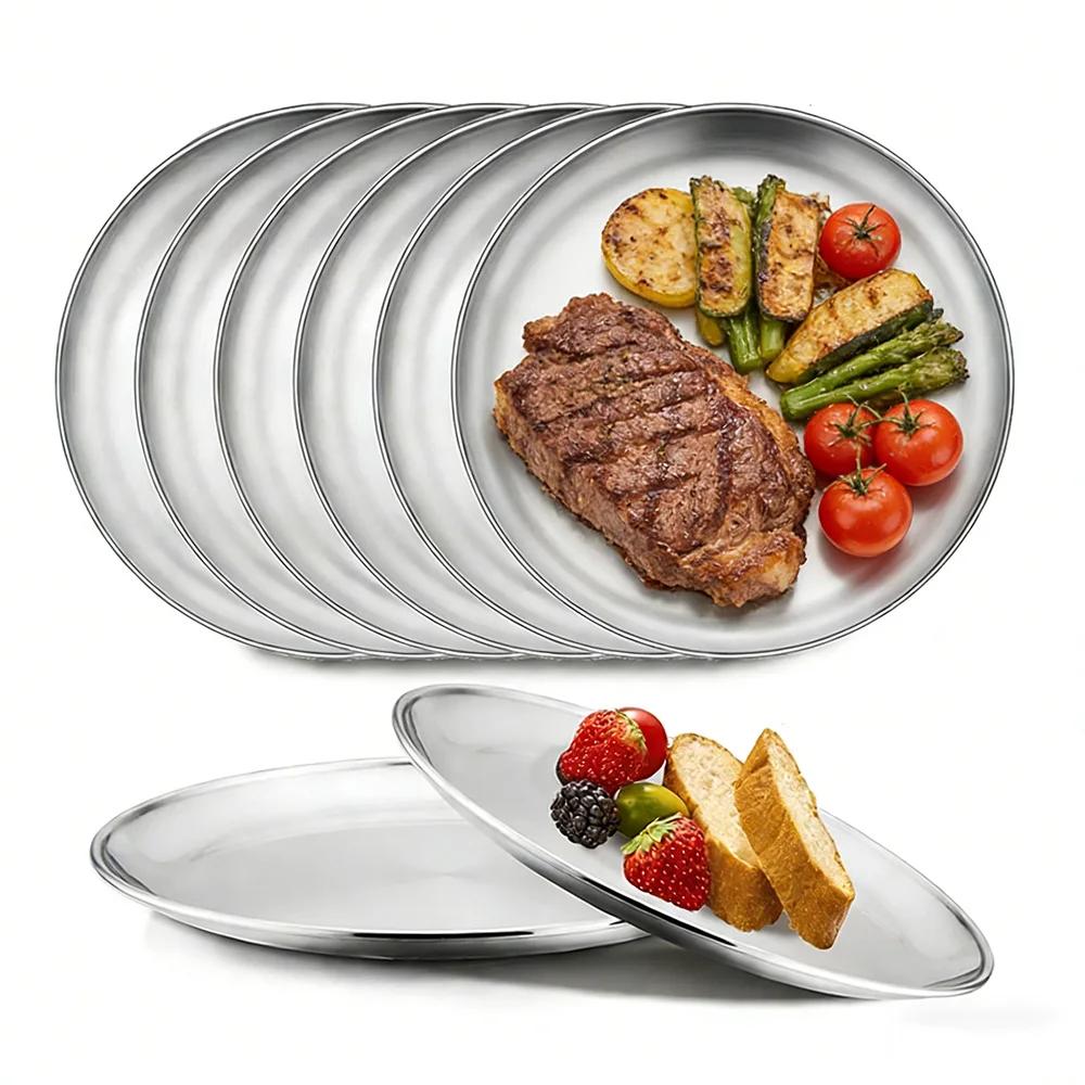 8Pcs Stainless Steels Round Silver Shallow Tray Plate Rust-Proof 17/20/23/26 Camping Plate BBQ Picnic Dishes Cookware