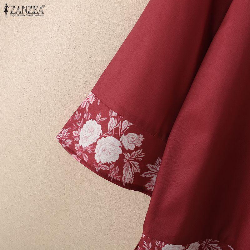 ZANZEA Women Casual Stand Collar Summer Floral Splice 3/4 Sleeve Blouse