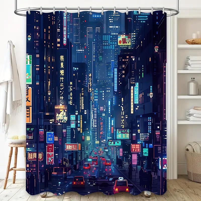 Tenda da Doccia Cyberpunk Cityscape Vita Notturna Urbana Decorazioni Bagno Insegne al Neon Architettura Futuristica Atmosfera Sci-Fi Eleva lo Spazio
