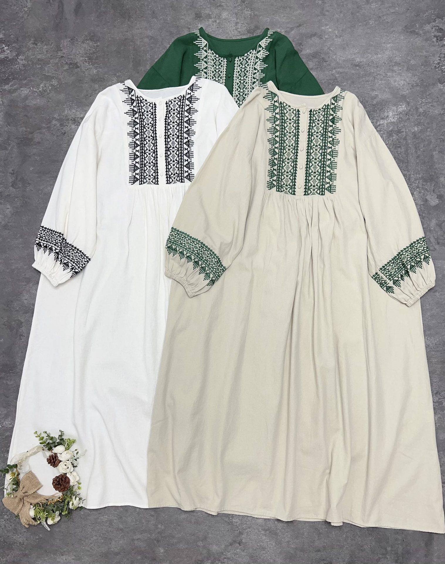 

Johnature Японская вышивка Круглый вырез Хлопок Длинные рукава Платья Повседневные Простые Свободные Женские Платья Осень One Size бежевый