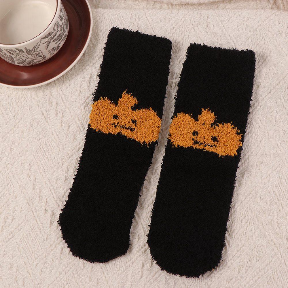 4pairs/set Soft Halloween Socks Coral Fleece Bat Ghost Mid-Calf Socks  Female