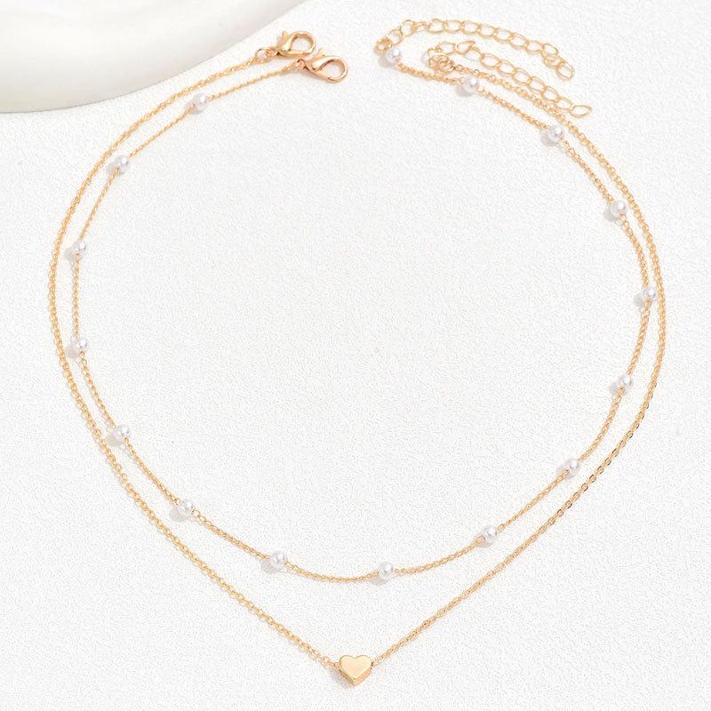 Double-Layer Heart Pendant Pearl Choker Necklace for Women