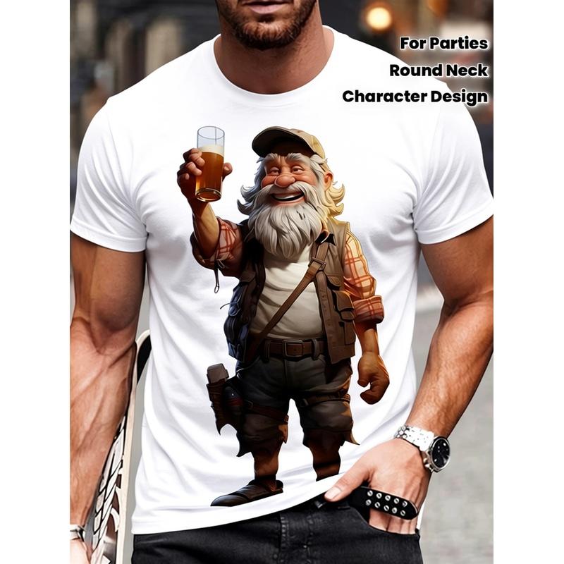 Men'S Funny Vintage Beer Lover Graphic T-Shirt - Heavyweight 100% 3D Elderly for Man Drinking Beer Design, Machine Washable Round Neck Casual & Party