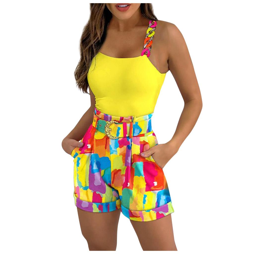 Sleeveless Vest Casual Shorts Suit Women Camisole Sleeveless Tank Top Shorts Set For Womens With Belt