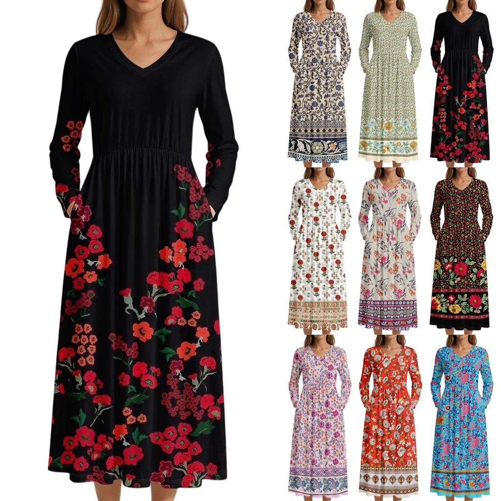Šaty Pro Ženy Dlouhé Boho Plážové Šaty Elegantní Maxi Šaty Výstřih do V Dlouhý Rukáv Šaty s Kapsami