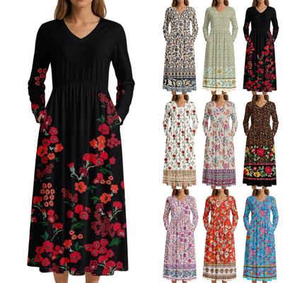Dress For Women Long Boho Beach Dress Elegant Maxi Dress V-Neck Long Sleeve Dress With Pockets