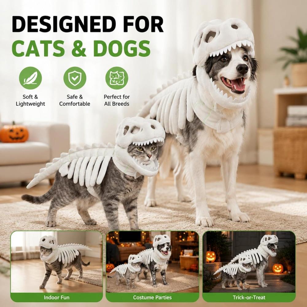 3D Tyrannosaurus Rex Skelett Haustier Halloween Kostüm Weiches Plüsch Kapuzen Outfit für Kleine Mittlere Hunde Katzen Feiertagsparty Cosplay Verkleidung