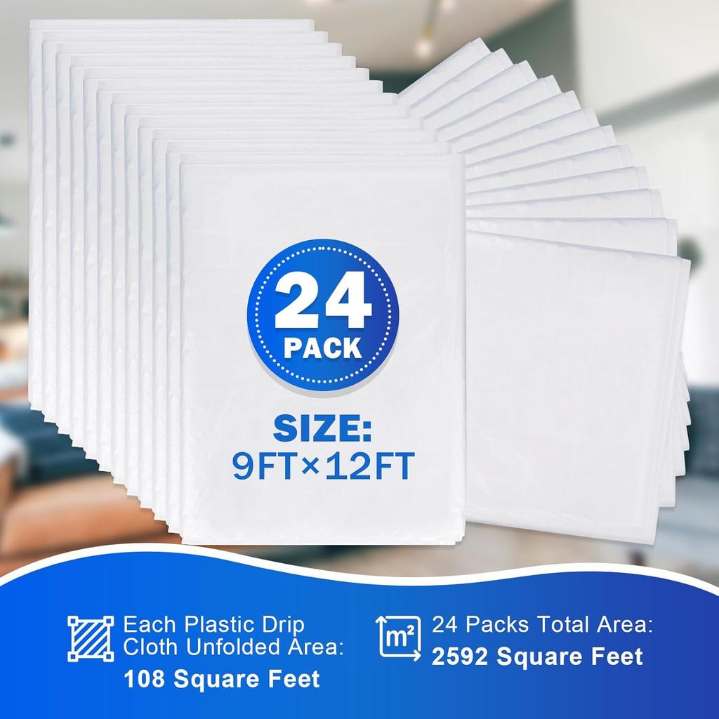 24 Pack 12 X 9 Ft 0.4 MIL Large Painter’s Plastic Drop Cloth Painting Sheet-Light & Durable Dust Cover-Clear Plastic Sheet-Plastic Sheeting-Plastic