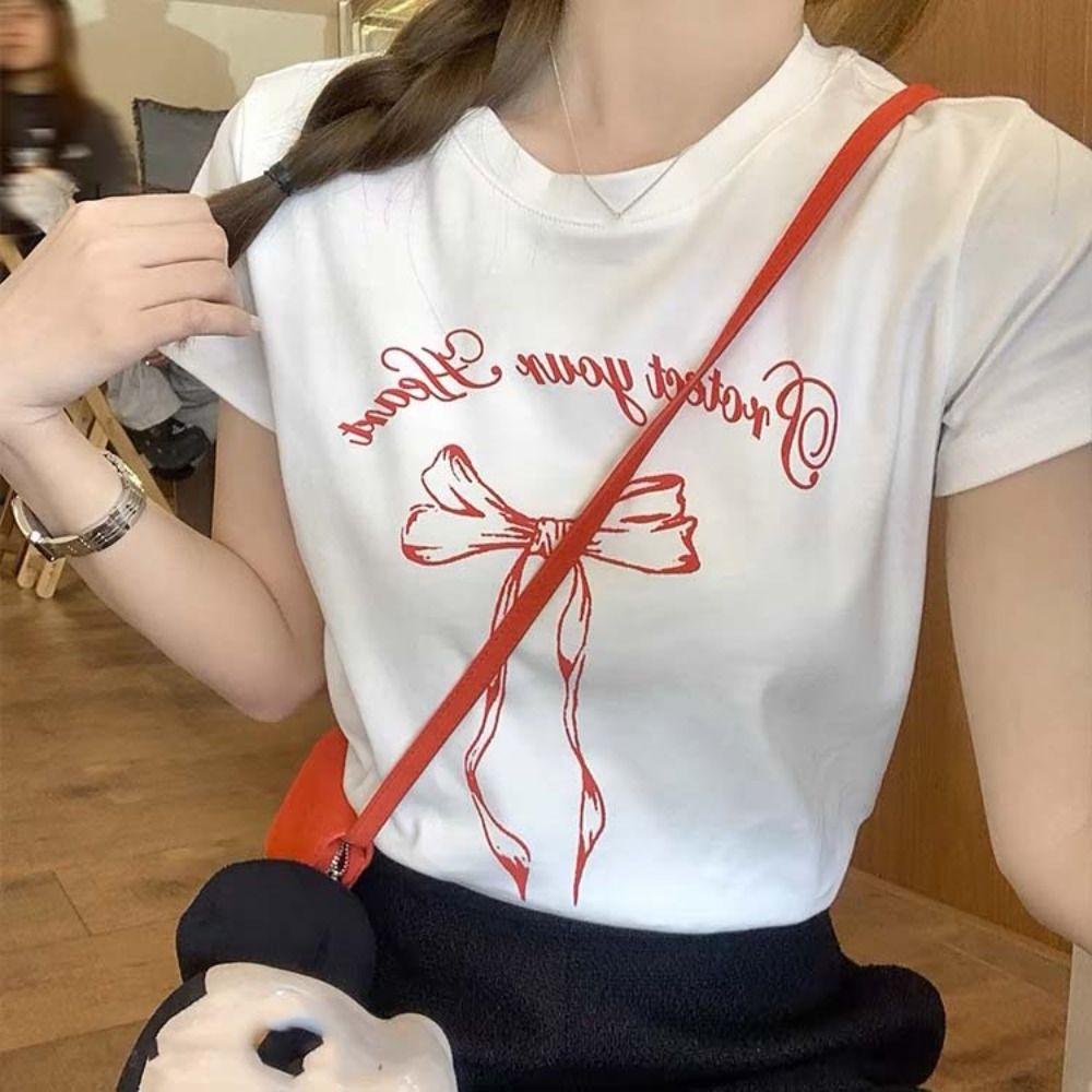 

Round Neck Letter Bow Printed T-Shirt Bowknot Pullover Short Sleeves Top Sweet Travel