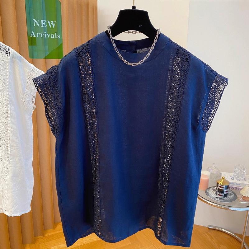 Women's White Lace Cotton Top - 2025 Summer Flutter Sleeve Patchwork Design