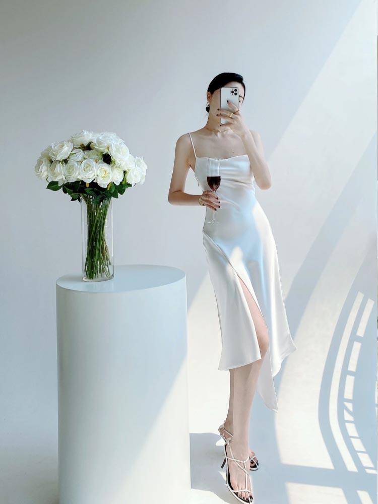Satin Suspender Dress for Women Summer Sexy Club Party Evening Dress Elegant Fashion Female Clothing White Black