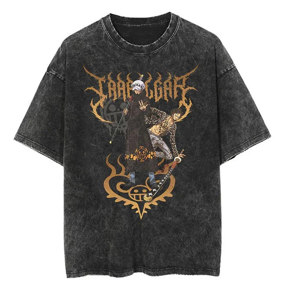 Ležérní prané Harajuku pánské tričko bavlna praná japonské anime One Piece grafické volné streetwear černé topy trička