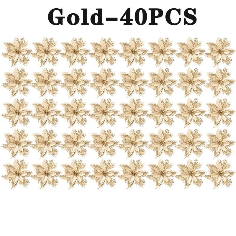 10PCS/Bag Christmas Flowers Glitter Artificial Poinsettia Floral Xmas Tree Ornaments DIY Garlands Home Wedding Party Decor