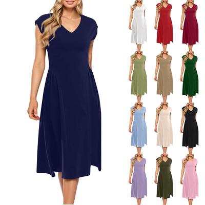 Dámske šaty s krátkym rukávom, jednofarebné, s výstrihom do V, bez rukávov, patchworkové, plisované, slim fit