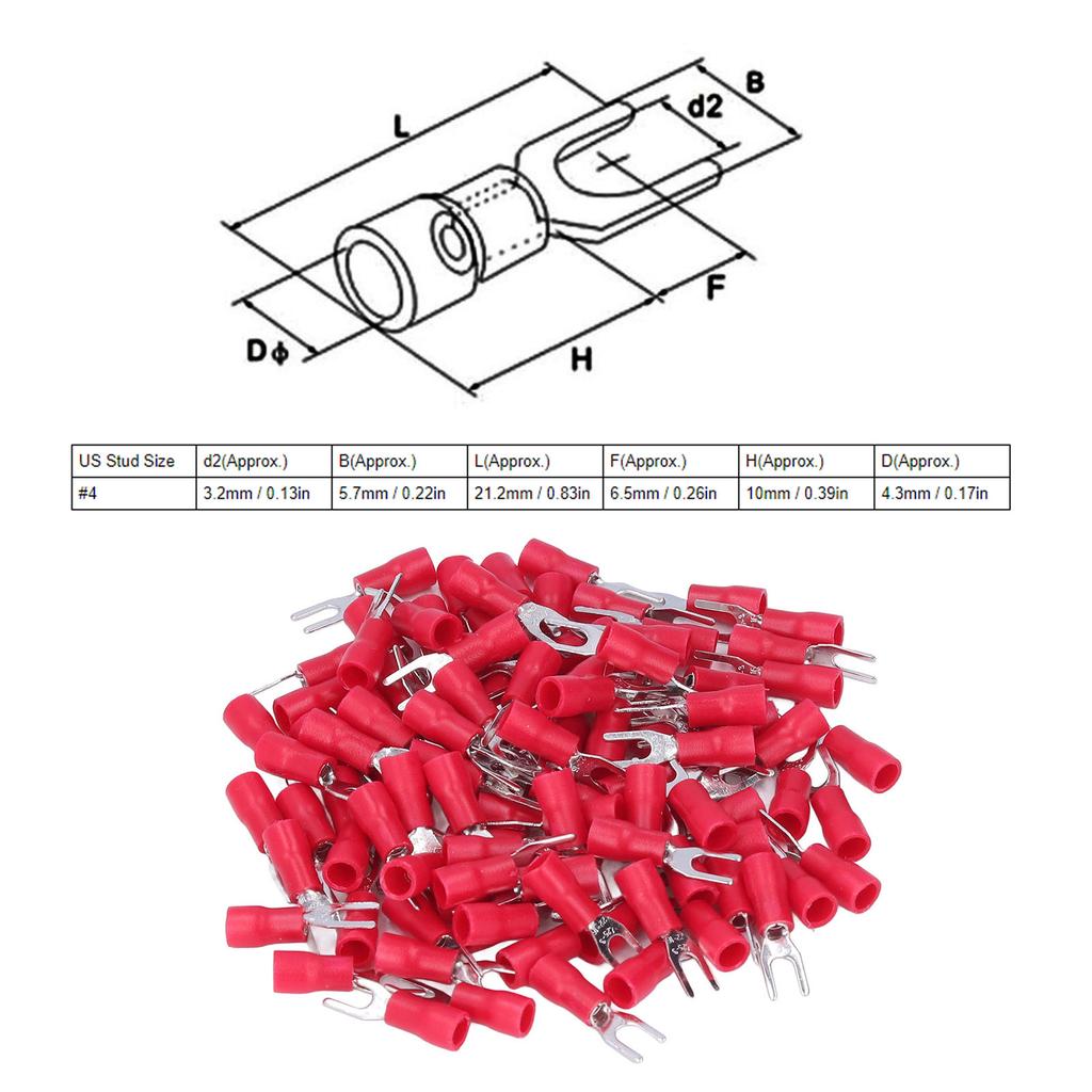 Fork Terminal Connector 100Pcs Set Kit for Equipment, Sturdy Copper Material, Insulated Terminal, Prevent Wire Bifurcation