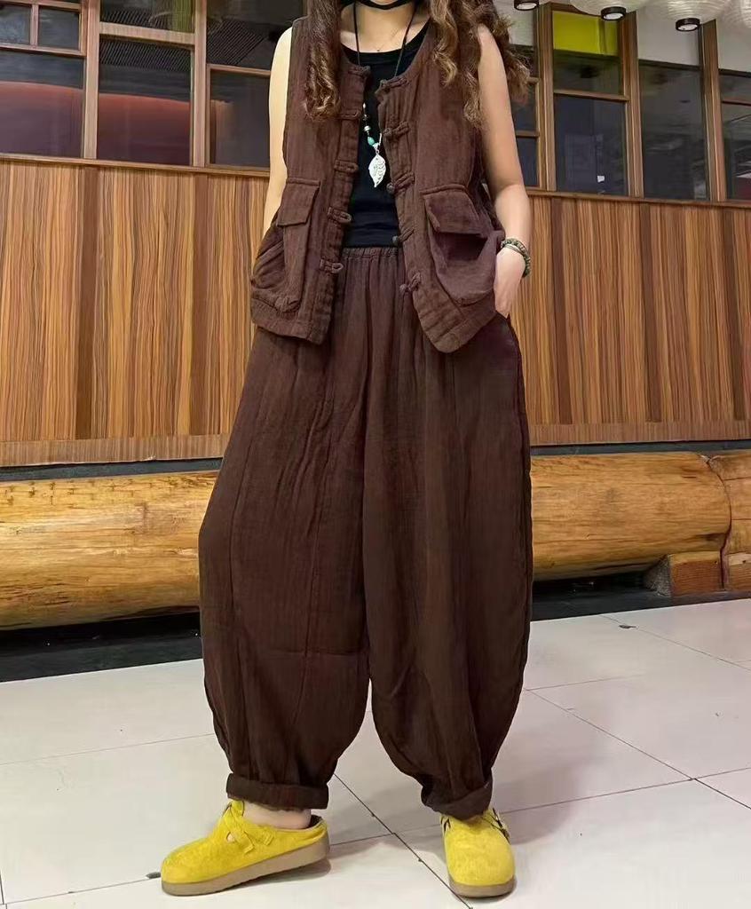 Spring Women's Retro Casual Set: Artistic Vest & Elastic Waist Pants