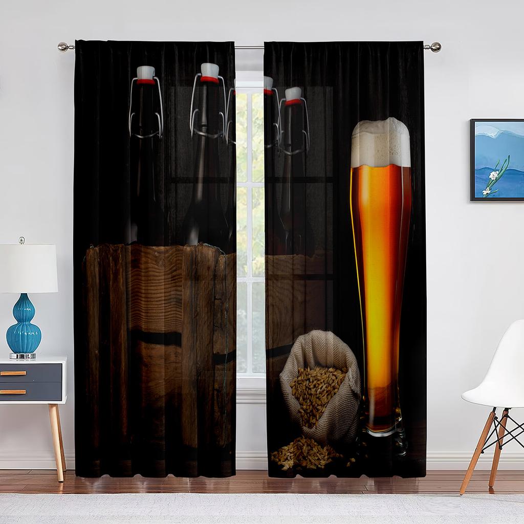 Glasses of Beer and Ale Barrel on Wooden Table Tulle Curtains for Living Room Bedroom Decor Chiffon Sheer Voile Kitchen Curtain