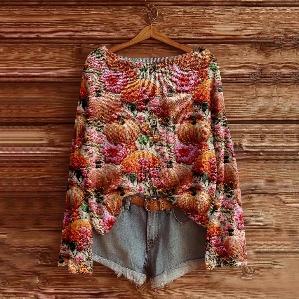Women's Halloween Sweater, Bohemian Vintage Pattern Print Long Sleeve Knit Pullover