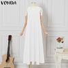 VONDA Summer Women Round Neck Sleeveless Solid Color Holiday Beach Long Pleated Dress