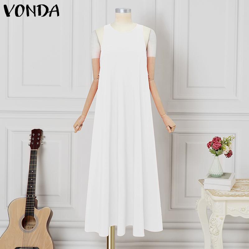 VONDA Summer Women Round Neck Sleeveless Solid Color Holiday Beach Long Pleated Dress