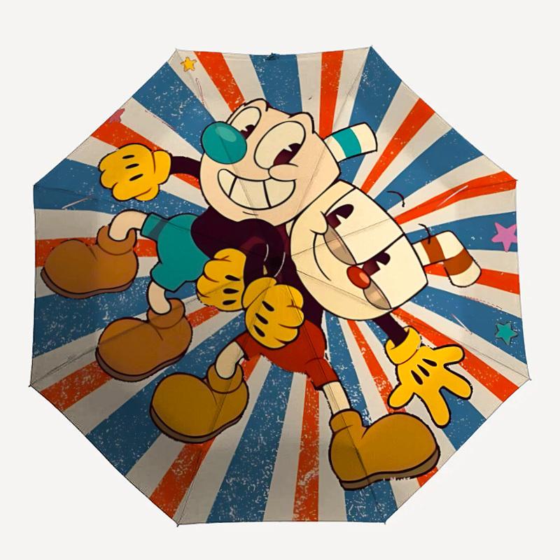 

1PC Cuphead Mugman Automatic Folding Umbrella - Compact 8-Rib Design, Durable Plastic & Iron, Daily Use F010637